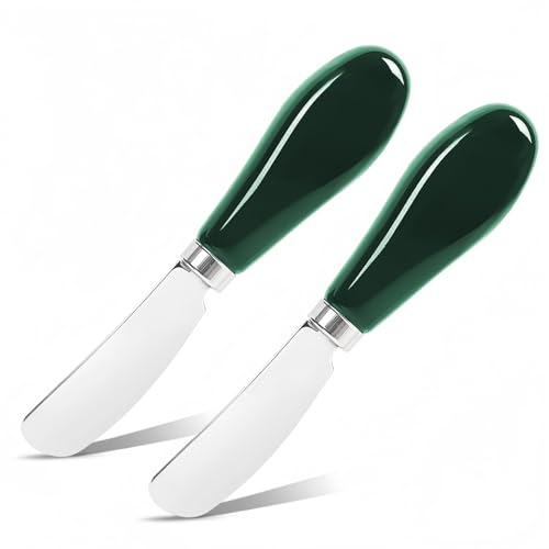 Butter Spreader Knife Set, 2-Pack Stainless Steel Cheese and Butter Knives with Ceramic Handle, Dishwasher Safe, for Soft & Hard Cheese, Jam, Cold Butter (dark green) - color: dark green
