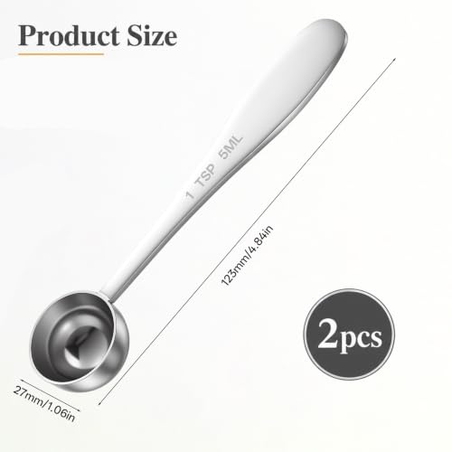 2PCS 1tsp Teaspoon Measuring Spoons (5ml 1/3tbsp),Stainless Steel Individual Measuring Spoons Long Handle Single Metal Tea Scoop for Kitchen Tea Coffee Spices