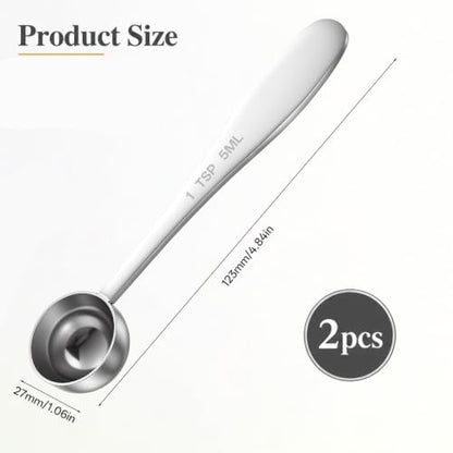 2PCS 1tsp Teaspoon Measuring Spoons (5ml 1/3tbsp),Stainless Steel Individual Measuring Spoons Long Handle Single Metal Tea Scoop for Kitchen Tea Coffee Spices