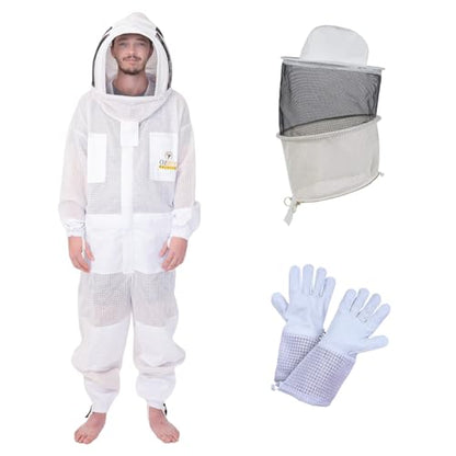 OZBEE 3 Layer Ventilated Beekeeping Suit with Fencing & Round Veil, Goatskin Leather Gloves, Protective Bee Suit - size: Large