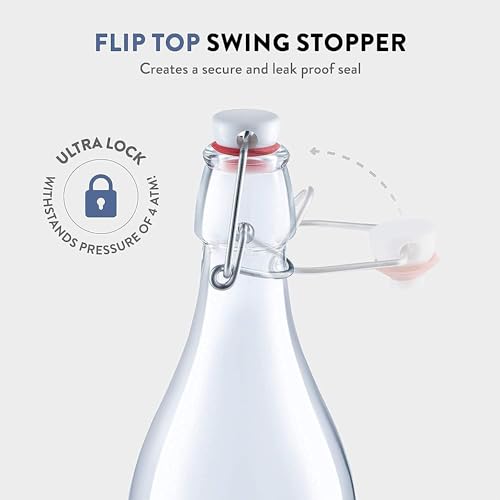 Bormioli Rocco Giara Swing Top Bottles 33 ¾ Ounce/1 Liter (6 Pack) ROUND Clear Glass Grolsch Flip Top Bottle With Stopper