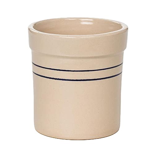 Pickling Fermenting Crock - Tan with Blue Stripe Stoneware Jar, 1/4 Gallon Capacity