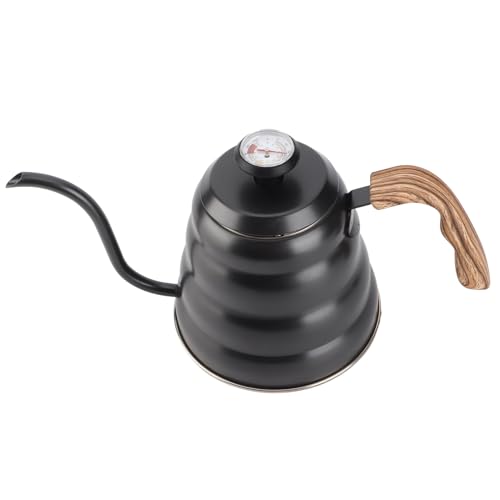 Gooseneck Coffee Kettle, Precision Pouring Brewing Pot for Home Kitchen Stainless Steel Black 1.2L with Thermometer Wood Handle