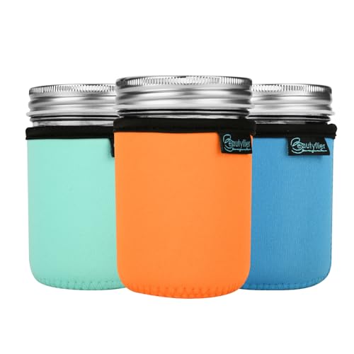 Beautyflier Regular Mouth Mason Jar Neoprene Sleeve, Half Pint Mason Jar Drinking Glasses Neoprene Cover, 8OZ Mason Insulators Sleeve with Handle (8OZ, 3COLOR) - color: 8OZ, 3COLOR