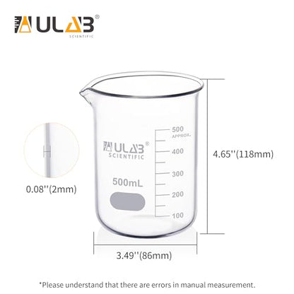 ULAB Scientific Glass Beakers, Vol. 500ml, 3.3 Borosilicate Griffin Low Form with Printed Graduation, Pack of 6, UBG1038 - style: Vol.500ml, Pack of 6