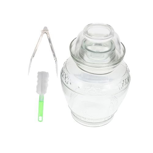 Airtight Glass Pickle Jar 5lb Large Capacity Fermentation Crock with Water-sealed Lid Set Including Inner Cover, Brush, and Tongs for Home Kimchi and Sauerkraut Storage