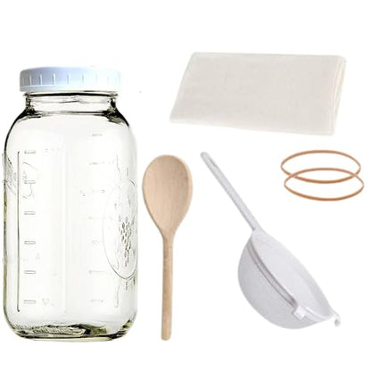 Jarming Collections Complete Kefir Starter Kit/Kombucha Fermentor Kit-1 Mason Jar Wide Mouth-Plastic Storage Lid - HIC(4 Inch) Nylon Mesh Strainer-Cotton Cloth Cover and Wood Spoon (Half Gallon)