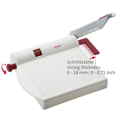 Westmark Adjustable Cheese Slicer with Board & Stainless Steel Sharp Blade, German Cheese Cutter with Precise Thickness Control, Multipurpose Food & Cheese Slicer, Effortless Slicing, White