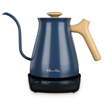 Harriet Gooseneck Electric Kettle - 1200W Fast Heat, 0.8L Stainless Steel, Precision Temp Control & Timer, Wood Handle, Pour Over Coffee and Tea, Blue - color: Blue