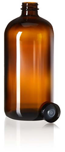 kitchentoolz 32 oz Amber Glass Bottles with Funnel – 4 Pack Boston Round Growlers with Polycone Seal Caps for Kombucha Brewing, Juices, Oils, and Film Processing