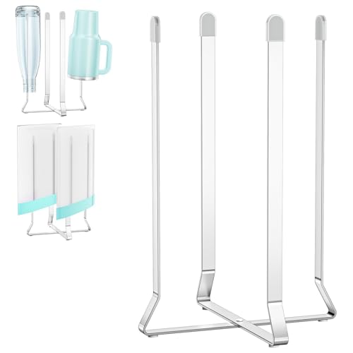 Bottle Drying Rack Reusable Drying Rack for Bottles Metal Foldable Water Bottle Dryer Holder Space Saving Cups Dryer Racks Kitchen Stand Holder for Plastic Bags, Bottles and Cups (Silver, 1PC)