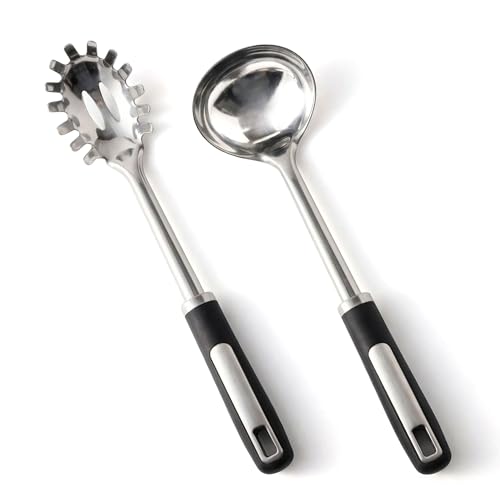 Stainless Steel Ladle and Pasta Server Set, Food-Grade Thickened Metal Soup Ladle & Spaghetti Spoon with Non-Slip Handles, Durable Cooking Utensils for Pasta, Soup & Everyday Kitchen Use