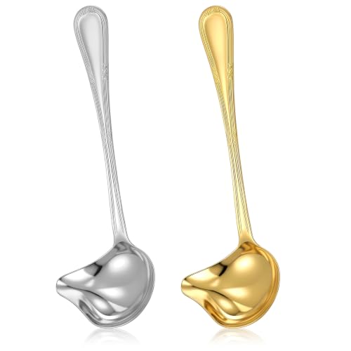 2 Pieces Stainless Steel Gravy Drizzle Spoon Small Ladles for Serving Sauce Saucier Spoon 1 Ounce for Sauce Soup with Pouring Spout Gold and Silver