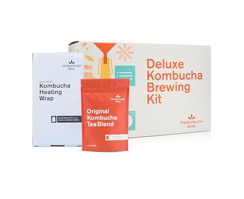 Premium Heating Wrap with Deluxe Kombucha Brewing Kit & Tea to Make an Additional 5 Gallons - Six Swing Top Bottles, Stainless Steel Funnel, Custom Bottle Brush, Premium Heating Wrap, Original Tea