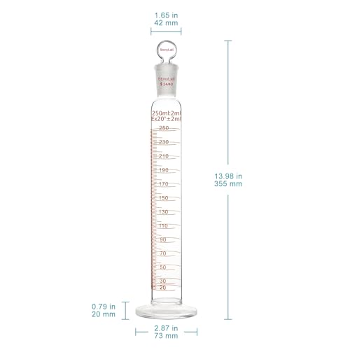 stonylab Measuring Cylinder with Stopper, 250 ml Heavy Wall Borosilicate Glass Measuring Graduated Cylinder with 24/40 Standard Ground Joint and Flat Head Stopper, 1 Pack