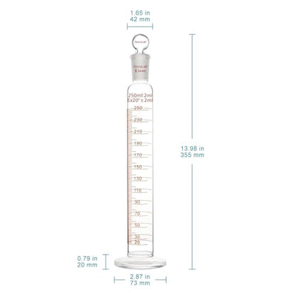 stonylab Measuring Cylinder with Stopper, 250 ml Heavy Wall Borosilicate Glass Measuring Graduated Cylinder with 24/40 Standard Ground Joint and Flat Head Stopper, 1 Pack
