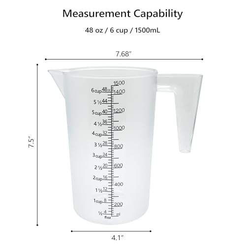 Liquid Measuring Cup with Handle, 48 oz / 6 Cup / 1500 ml Plastic Measuring Pitcher, Permanent Laser-Etched Markings, Large Measuring Cup for Kitchen Baking, Cooking & Garden Mixing - size: 48 OZ (6 Cup/1500ml）