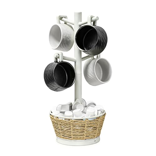 Wood Mug Holder Tree with Woven Basket, 4 Hooks Coffee Mug Holder, Countertop Mug Tree for Kitchen Counter Cabinet Coffee Bar Accessories Cup Display Organizer Hanger(White) - color: White