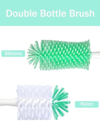 Baby Bottle Brush, 5 in 1 Bottle Cleaner Brush Set with Nylon and Silicone Bottle Brush, Straw Brush, Bottle Brush with Nipple Cleaner and Suction Cup, Cup Lid Cleaner Brushes Kit, BPA-Free (Green) - color: Green-nylon & Silicone Brush