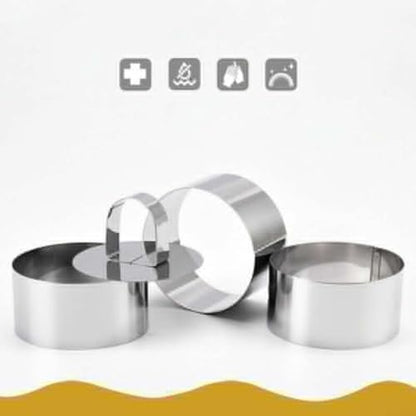 Stainless Steel Cooking Rings Set with Food Press, 4 Piece Kitchen Utensil for Dessert and Food Presentation, Dishwasher Safe Molds for Terrines Mousses Cheesecakes
