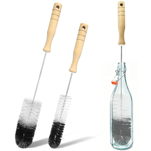 2 Pcs Bottle Brushes Set with Wooden Handle, Long Thin Flexible Bendable Flexible Cleaner for Narrow Neck Bottles, Water/Wine/Beer/Baby Bottles, Pipes, Tubes, Hoses, Teapots - Bendable