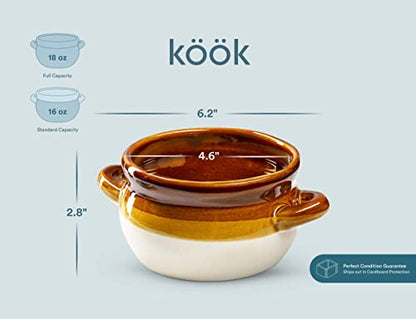 KooK French Onion Soup Bowl, French Onion Soup, Crock, Oven Safe Bowl, Ceramic, Handles, Stoneware, Dishwasher, Microwave, Oven & Broil Safe 16oz Standard Capacity & 18oz Full Capacity Set of 4 - style: Brown