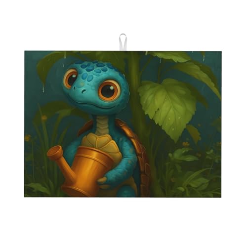 Cute Blue Turtle Holding Watering Can Dish Drying Mat for Kitchen Counter Microfiber Absorbent Reusable Washable 18x24in - color: Cute Blue Turtle Holding Watering Can
