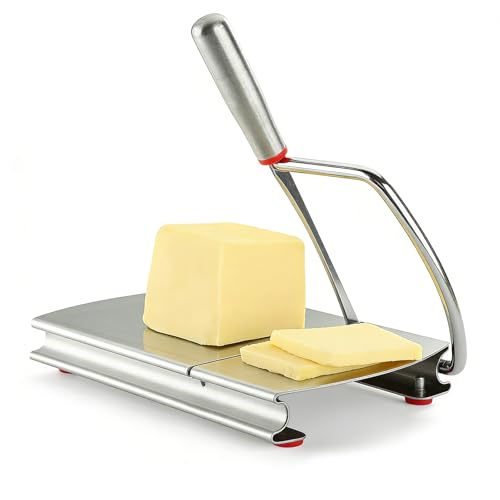 Stainless steel cheese slicer, metal cheese knife, and cutting board with measurements—perfect for slicing block cheese