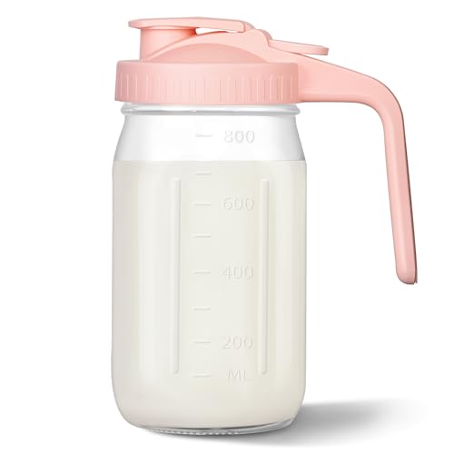 Mason Jar Pitcher, 32 oz Glass Milk Pitcher, Wide Mouth & Leakproof Glass Pitcher with Lid for milk, Sun Tea, Juice, Cold Brew Coffee and Drinks - color: Pink