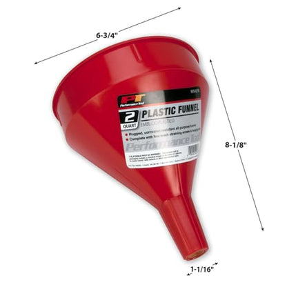 Performance Tool W54276 All Purpose 2 Quart Plastic Funnel with Straining Screen, Rugged and Corrosion Resistant, Capacity Indicated when Outlet is Blocked