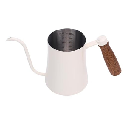 Pour Over Kettle with Thermometer, 304 Stainless Steel Drip Kettle 600ML, Long Spout Precise Control Wood Handle, for Home Coffee Tea Brewing Barista Use (White) - color: White