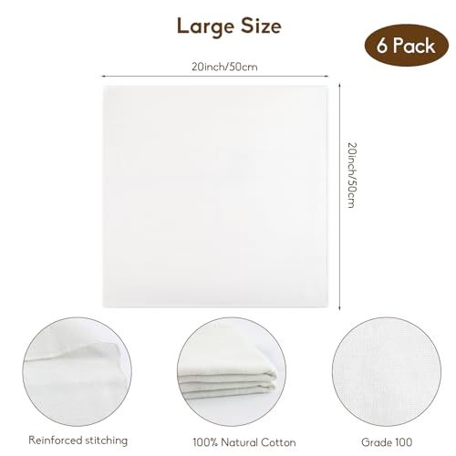 6-Pack Grade 100 Cheese Cloths for Straining, 20x20 Inch Reusable Cotton Muslin Cloth, Hemmed Edges Food Grade Filter for Cooking, Nut Milk, Greek Yogurt and Turkey