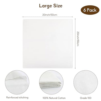 6-Pack Grade 100 Cheese Cloths for Straining, 20x20 Inch Reusable Cotton Muslin Cloth, Hemmed Edges Food Grade Filter for Cooking, Nut Milk, Greek Yogurt and Turkey