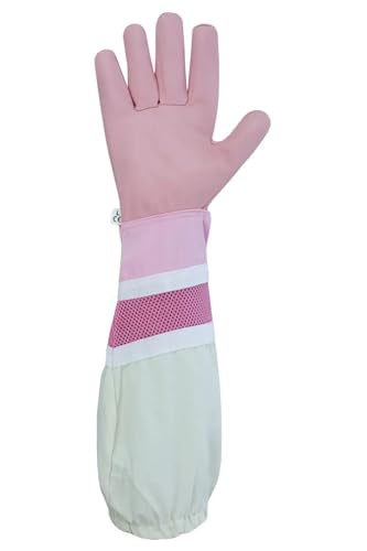Pink Beekeeping Gloves - Cowhide Ventilated Beekeeper Gloves with Long Sleeve & Elastic Cuff - size: X-Large
