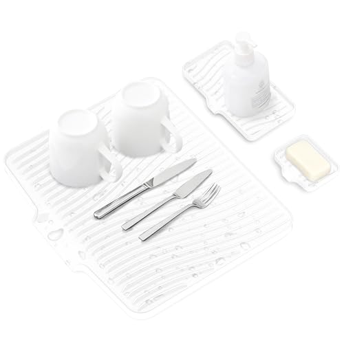 Silicone Dish Drying Mat for Kitchen counter, 19.7"x17" Extra Large Non-Slip Drain Pad with Built-in Drainage, Heat Resistant Dishwasher Safe, Ivory - color: lvory-Set, size: 19.7" x 17"
