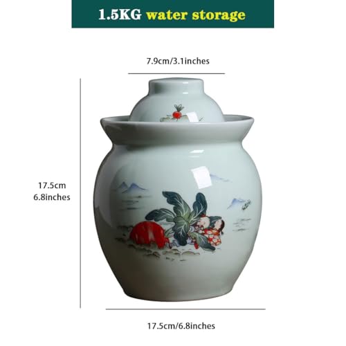 Chinese Jingdezhen Ceramics Pickle Jar, Water-Sealed Traditional Fermentation Crock, Spicy Radish Pattern Kimchi Jar, Artistic Decoration(1.5kg) - size: 1.5kg