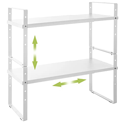 Across-Star Expandable Cabinet Shelf Organizer Rack, Stackable Kitchen Counter Storage Shelves Stand, Adjustable Height Pantry Shelf Spice Rack - color: White-2 Pack, size: 10.24''D*16.14-25.59''W*10.24''H