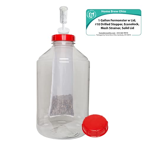 Home Brew Ohio Deluxe One Gallon Fermonster Kit (Drilled Lid, Solid Lid, #10 Drilled Stopper, Econolock, Mesh Strainer)