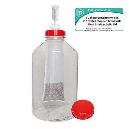 Home Brew Ohio Deluxe One Gallon Fermonster Kit (Drilled Lid, Solid Lid, #10 Drilled Stopper, Econolock, Mesh Strainer)