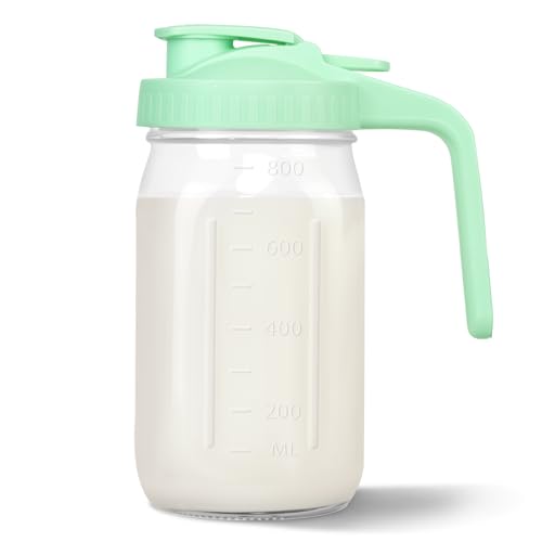 Mason Jar Pitcher, 32 oz Glass Milk Pitcher, Wide Mouth & Leakproof Glass Pitcher with Lid for milk, Sun Tea, Juice, Cold Brew Coffee and Drinks - color: Green