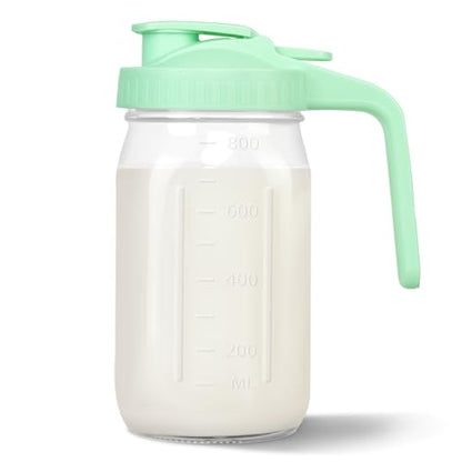 Mason Jar Pitcher, 32 oz Glass Milk Pitcher, Wide Mouth & Leakproof Glass Pitcher with Lid for milk, Sun Tea, Juice, Cold Brew Coffee and Drinks - color: Green