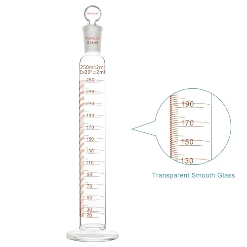 stonylab Measuring Cylinder with Stopper, 250 ml Heavy Wall Borosilicate Glass Measuring Graduated Cylinder with 24/40 Standard Ground Joint and Flat Head Stopper, 1 Pack