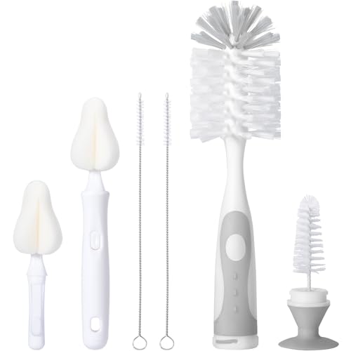CAREBABYMORE Baby Bottle Brush Set with Nipple Cleaner and Suction, 10.2" Cleaning Brush and 6.5" Sponge Bottle Brush with A Replacement Brush Head and Two 6.7" Straw Brushes, Pack of 5 (Gray) - color: Gray