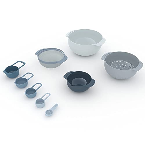 Joseph Joseph Nest 9 Piece Compact Food Preparation Set with Mixing Bowls, Measuring cups, Sieve and Colander, Space Saving, Blue - color: Blue, style: Plastic