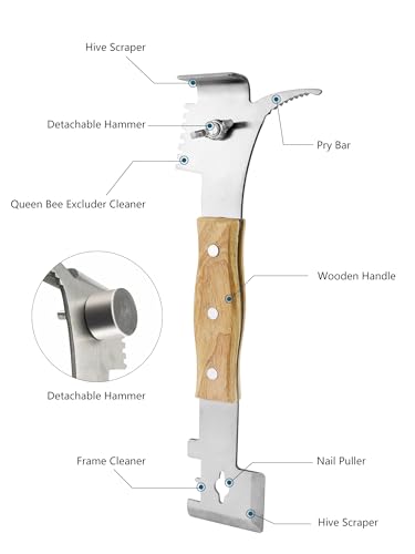 Multipurpose Steel Hive Tool with Wooden Handle, Beekeeping Tool | 7-in-1 Beekeeping Tool for Hive Scraping, Prying & Frame Cleaning