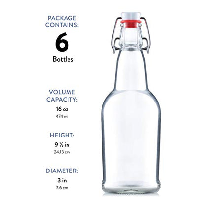 Swing Top Glass Bottles with Airtight Lids, Flip Top, for Carbonated Drinks, Kombucha Bottles, 2nd Fermentation, Water - 16 Ounces - 6 Pack