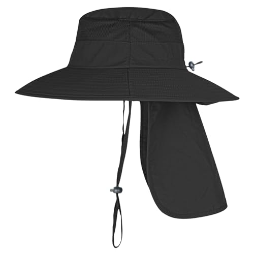 Sun Hats for Men Women Fishing Hat UPF 50+ Breathable Wide Brim Bucket Hats Summer UV Protection Safari Hat with Neck Flap - color: Black