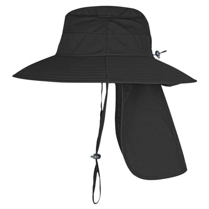 Sun Hats for Men Women Fishing Hat UPF 50+ Breathable Wide Brim Bucket Hats Summer UV Protection Safari Hat with Neck Flap - color: Black
