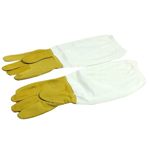 Sheepskin Leather Gloves for Beekeeping, Protective Long Sleeve Yellow/White Glove Set