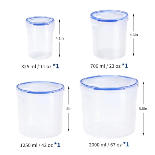 KIGI Food Storage Containers, Clear Cylinder Airtight Canister & Jar with 4-Sided Locking Lid for Coffee Bean, Sugar & Pantry Dry Food, 8 Piece Set, 1.35Cup /2.9Cup /5.2Cup /8.3Cup - size: Canisters (8-Piece)